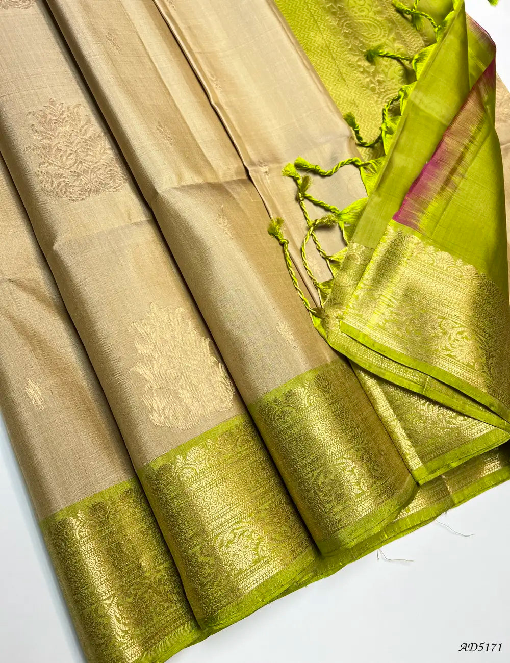 Beige & Parrot Green - Kanchi Border Soft Silk Saree Front View
