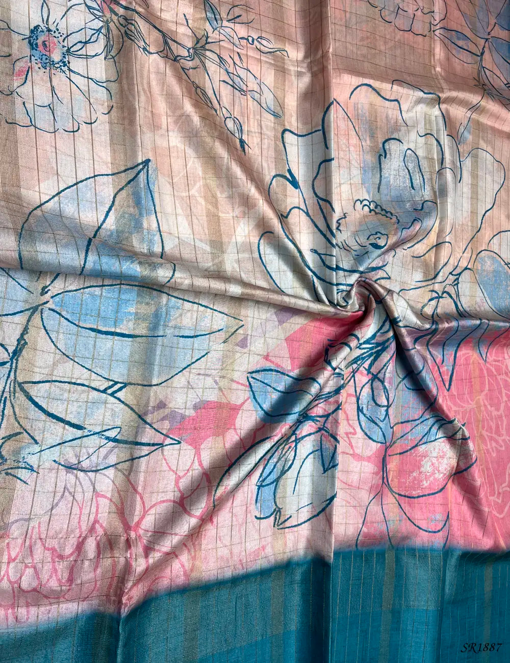 Beige & Sky Blue - Kadhi Georgette Saree Front View
