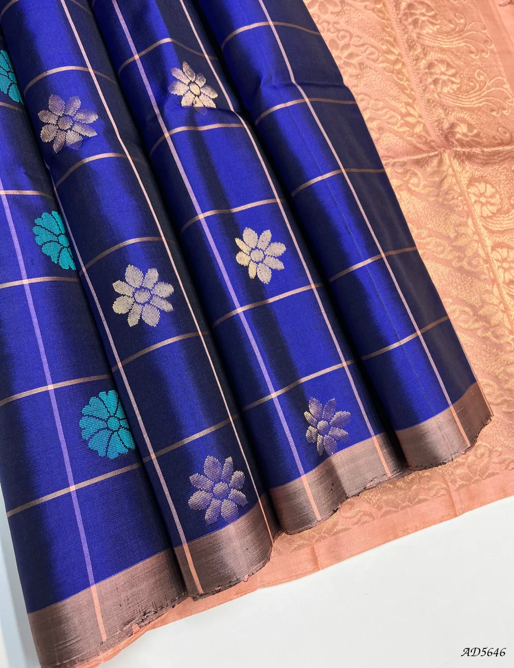 Berry Blue & Peach - Checkerd Soft Silk Saree Front View
