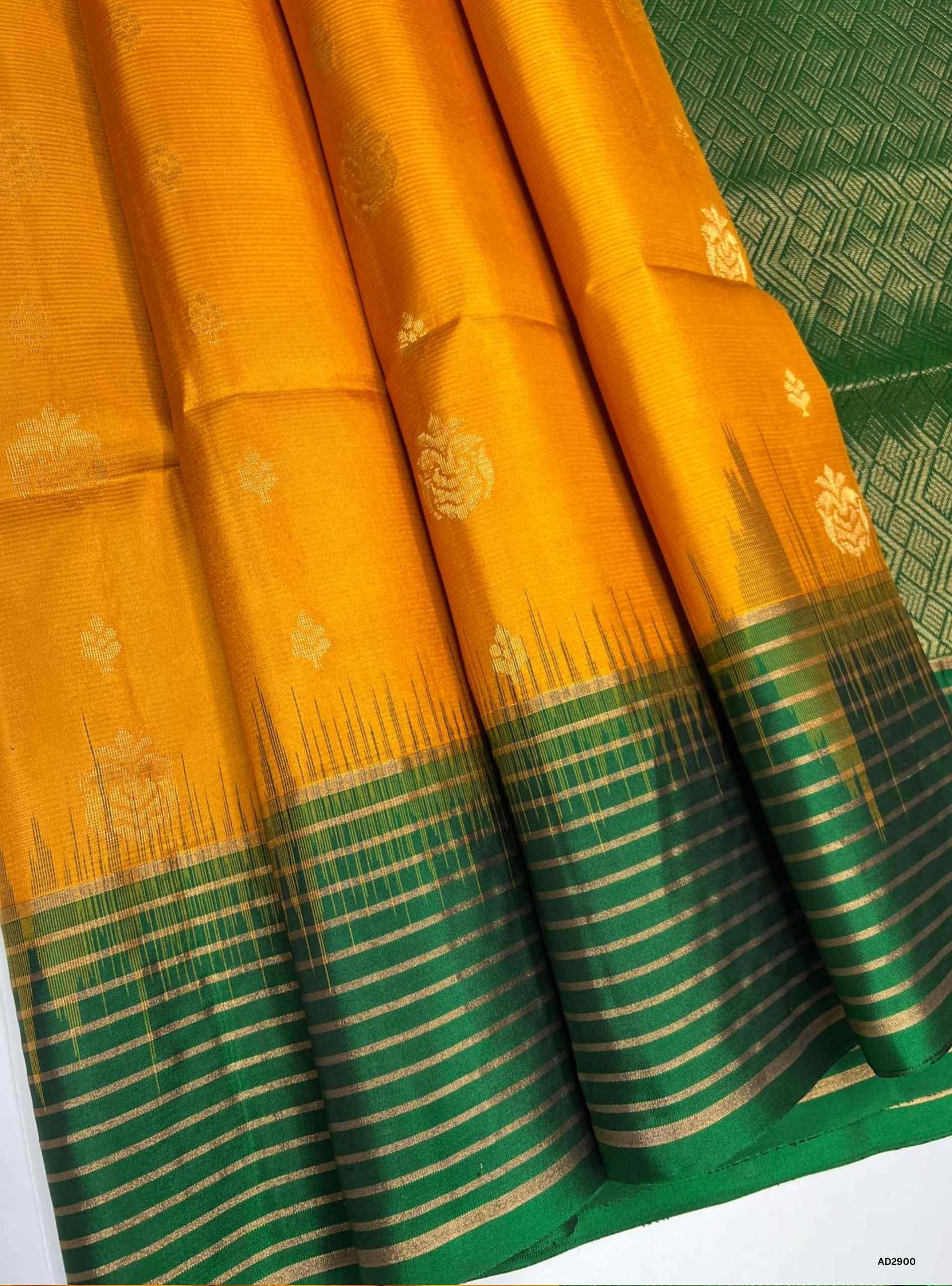 Bhutta Soft Silk Saree in Mango Yellow body with Green pallu, striped border design, Ikat handwoven motifs, Half Fine Gold Zari, 6.25m length including blouse.