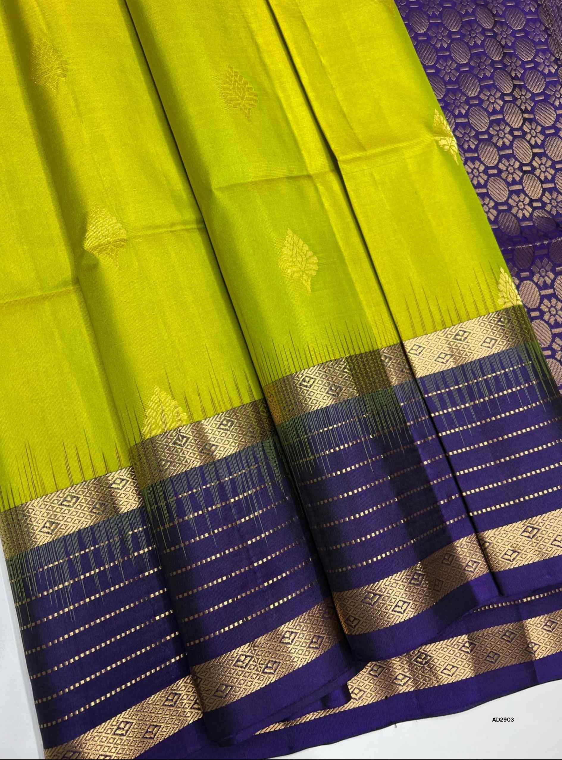 Bhutta Soft Silk Saree in Parrot Green body with Violet pallu, striped border design, Ikat handwoven motifs, Half Fine Gold Zari, 6.25m length including blouse.