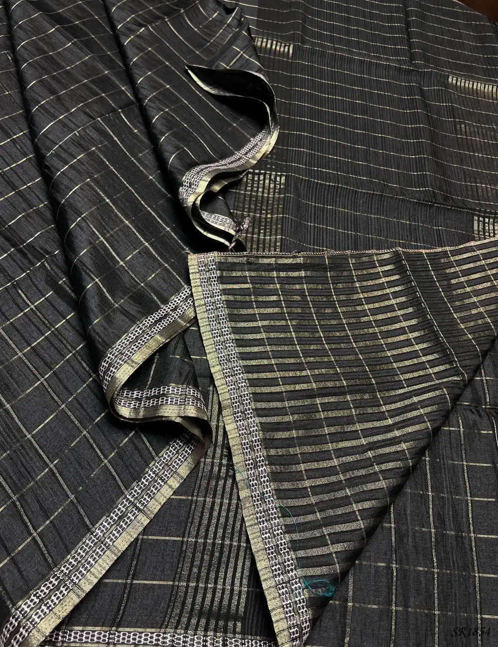 Black - Checks Tussar Silk Saree -