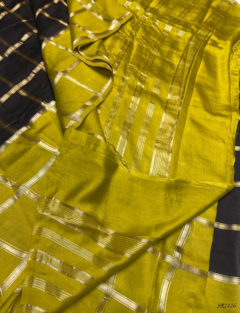 Black & Lime Yellow - Assam Silk Saree -