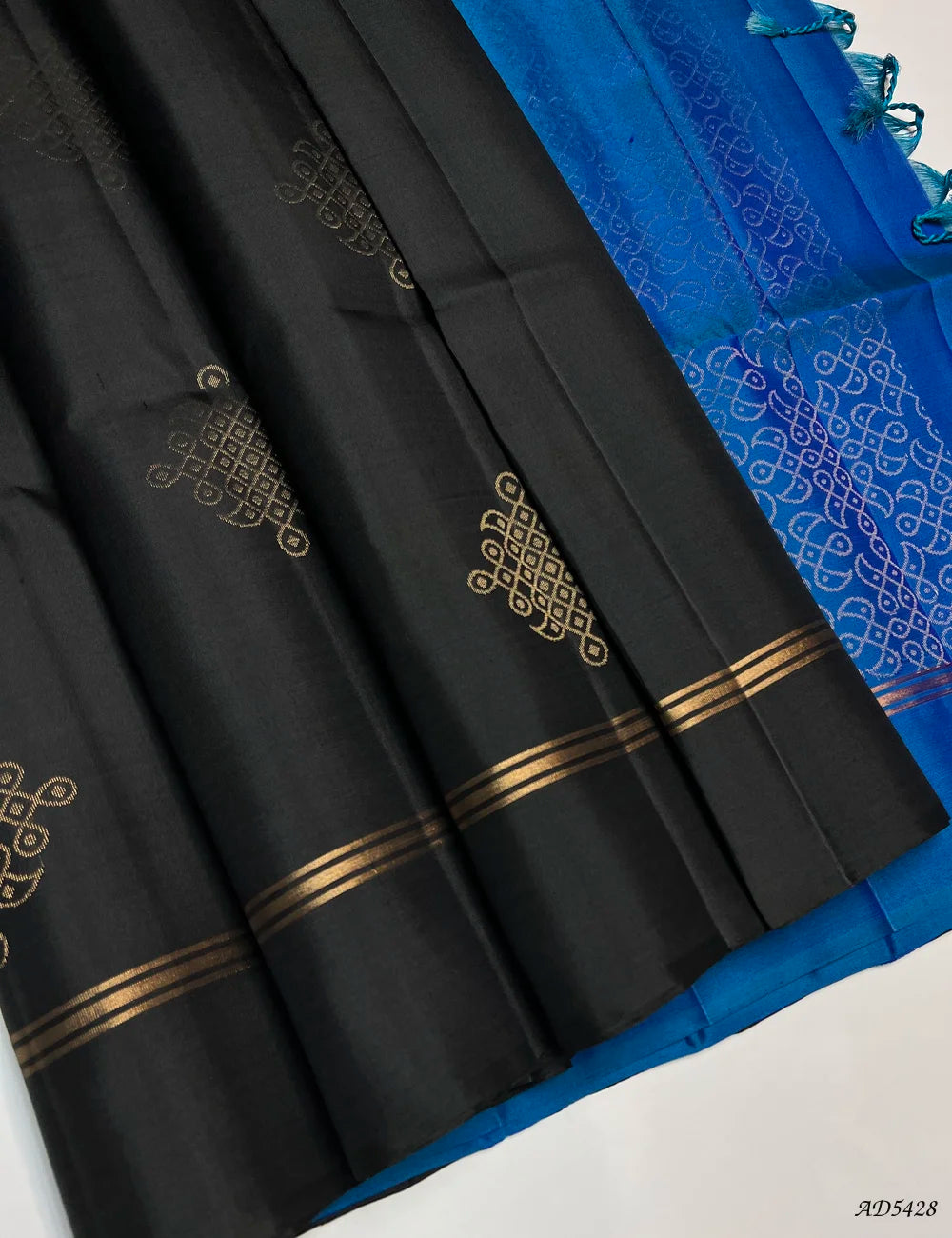 Black & Peacock Blue - Kolam Soft Silk Saree Front View