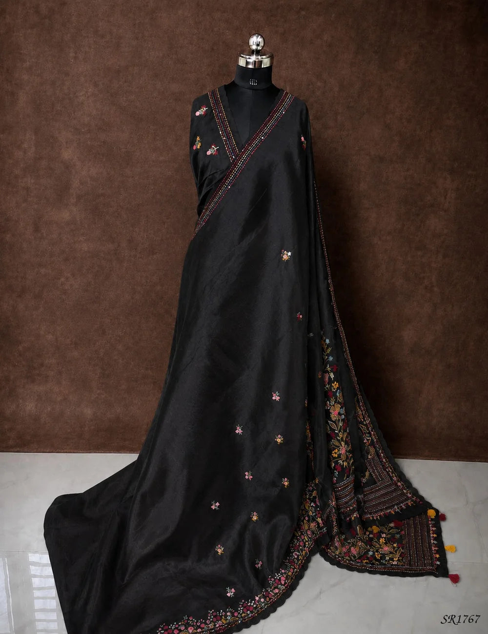 Black - Semi Tussar with French Knot Saree Front View
