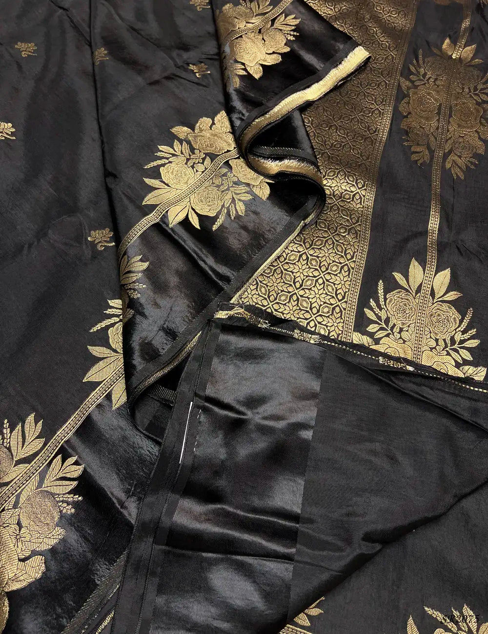 Black - Viscose Satin Saree -