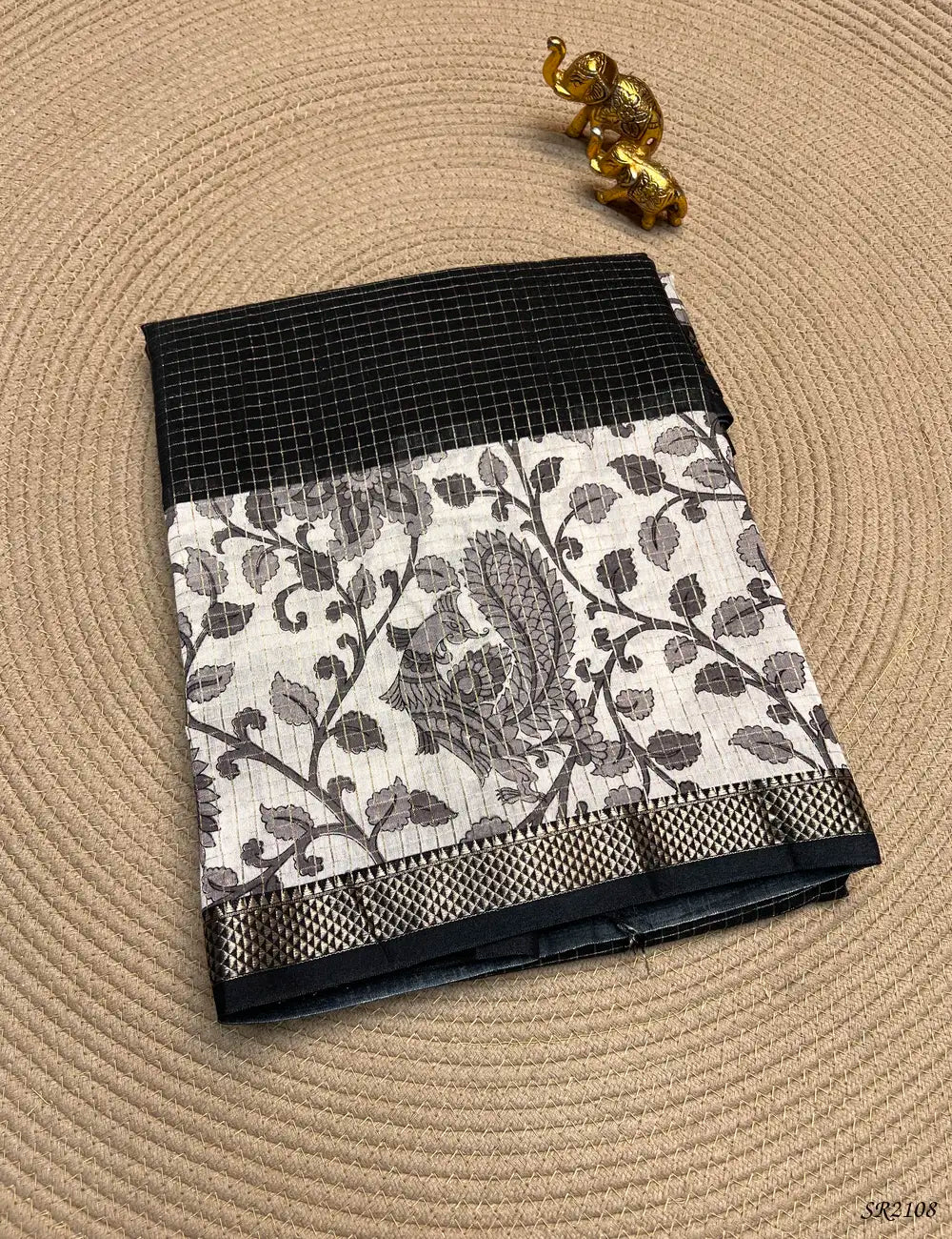 Black & White- Assam Silk Saree Front View