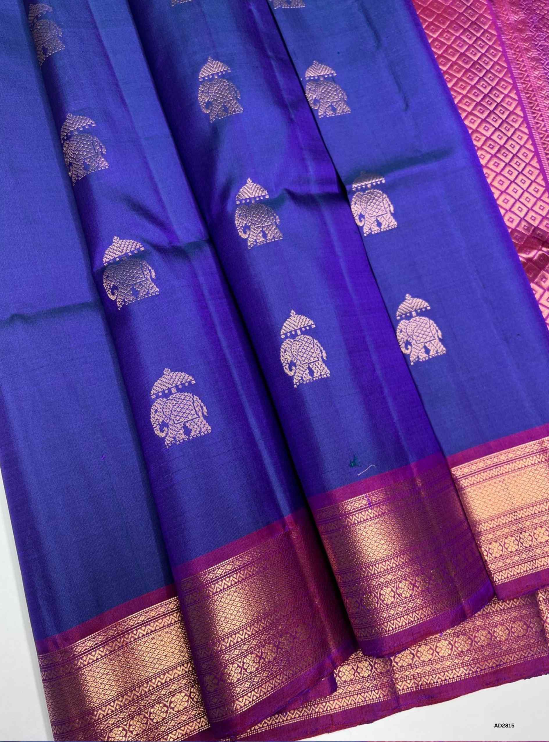 Soft Silk Saree in Blue body with Dark Raspberry pallu, Jacquard border design, Half Fine Gold Zari, Ikat handwoven motifs, 6.25m length including blouse.