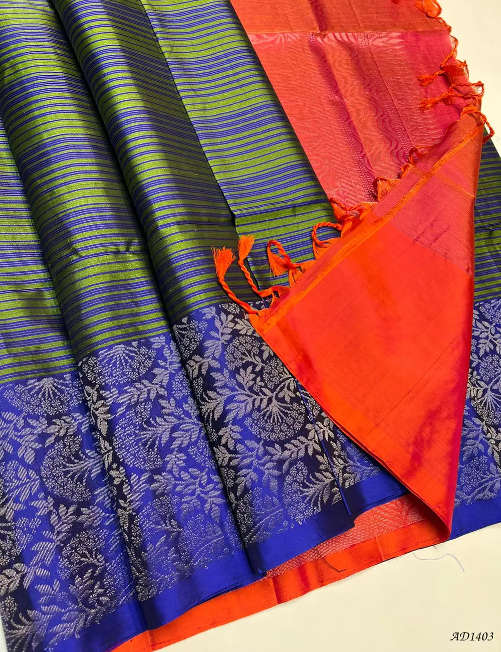 Blue & Orangish Pink - Soft Silk Saree Pallu View