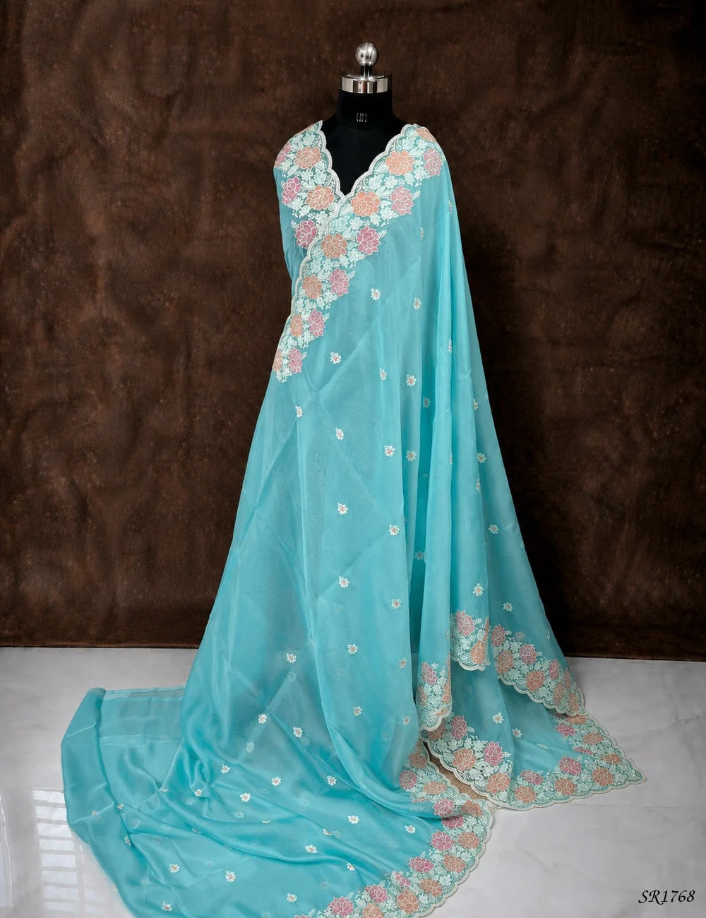 Blue -  Organza with Floral Embroidery Front View