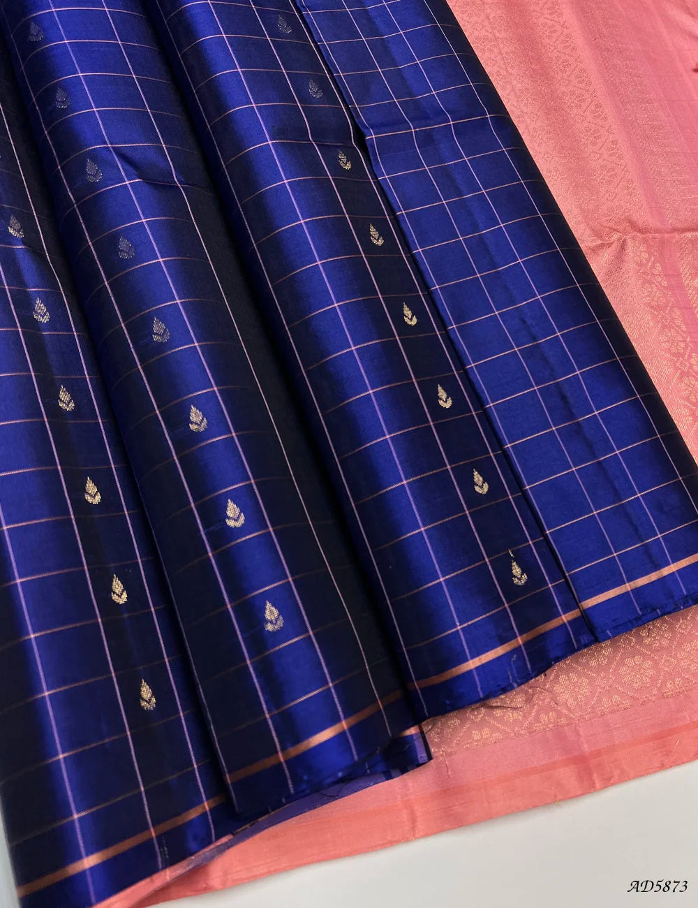 Blue & Peach - Checkerd Soft Silk Saree Front View