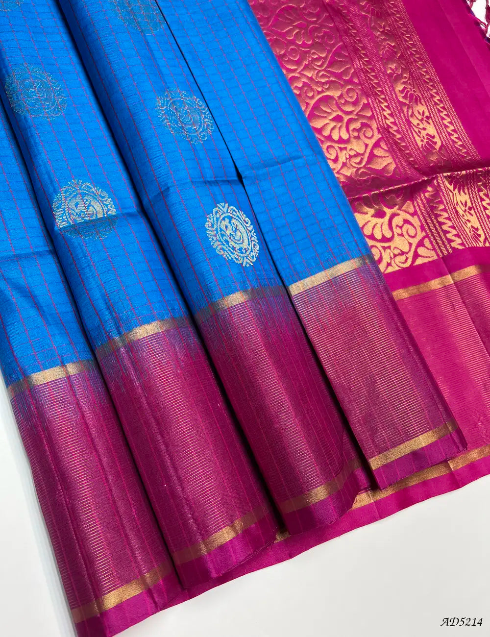 Blue & Pink - Checkerd Soft Silk Saree Front View