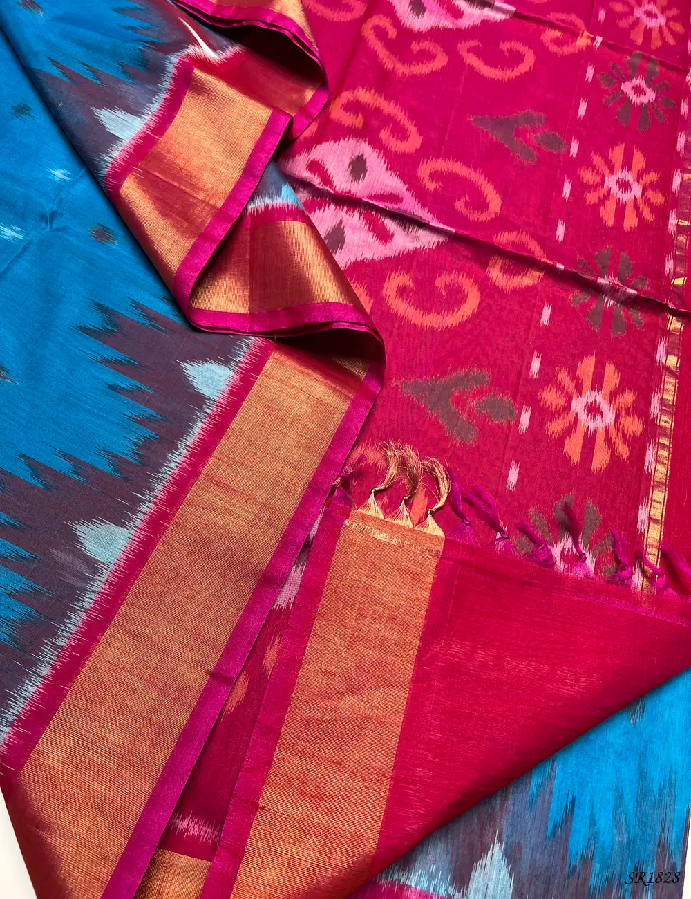 Blue & Rani Pink - Ikkat Kora Cotton -