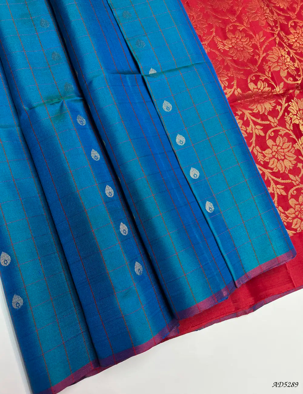 Blue & Red - Checkerd Soft Silk Saree Front View