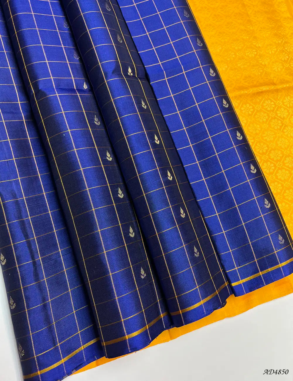 Blue & Yellow - Checker Soft Silk Saree Front View