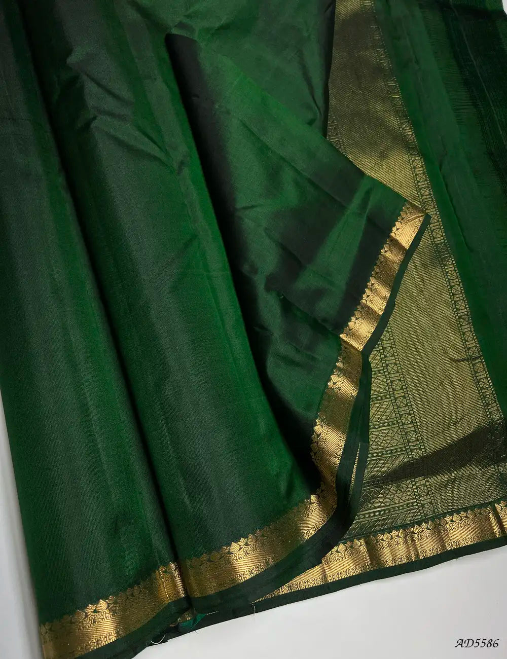 Bottle Green - Plain Kanchi Border Soft Silk Saree Front View