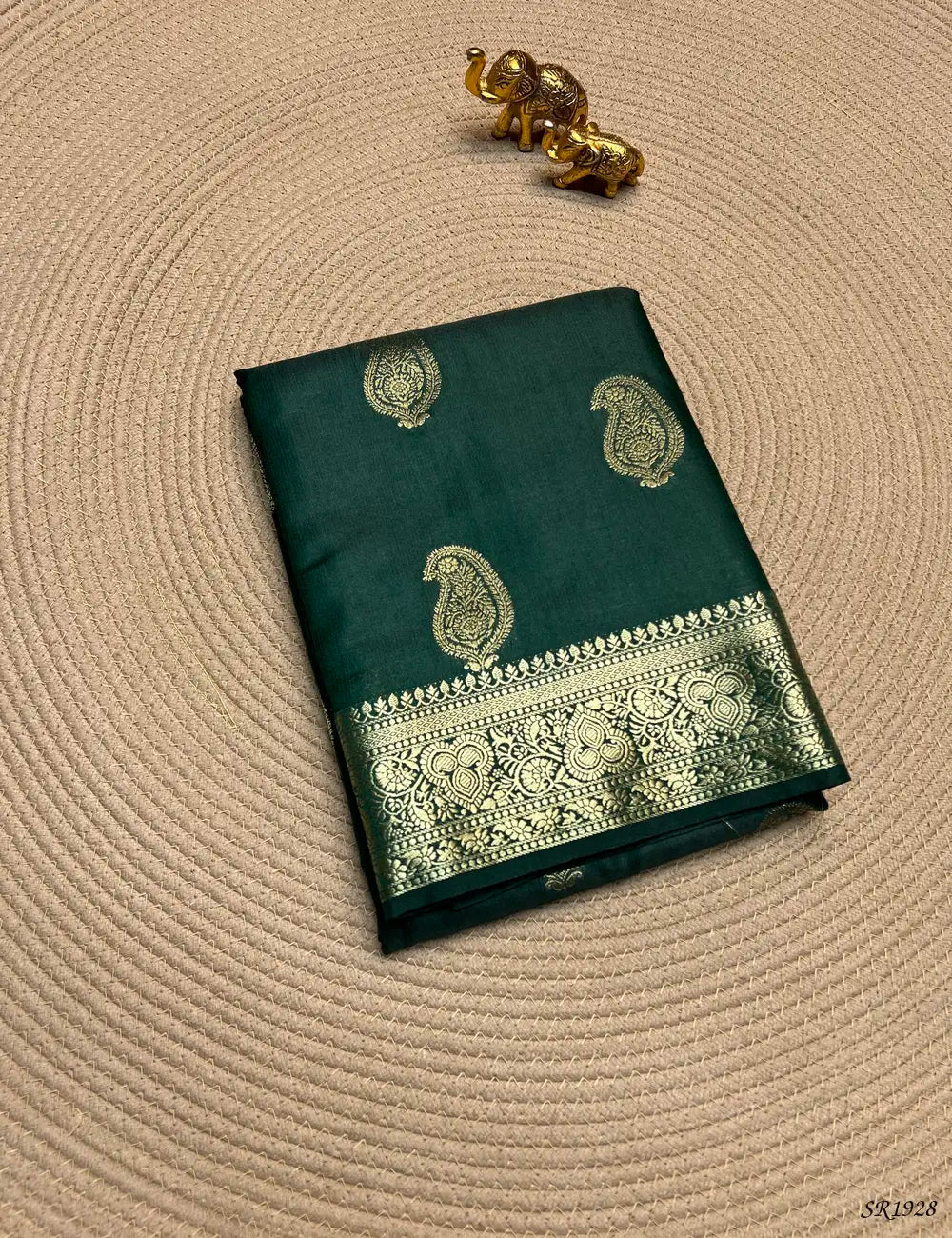 Bottle Green - Semi Banaras Saree Front View