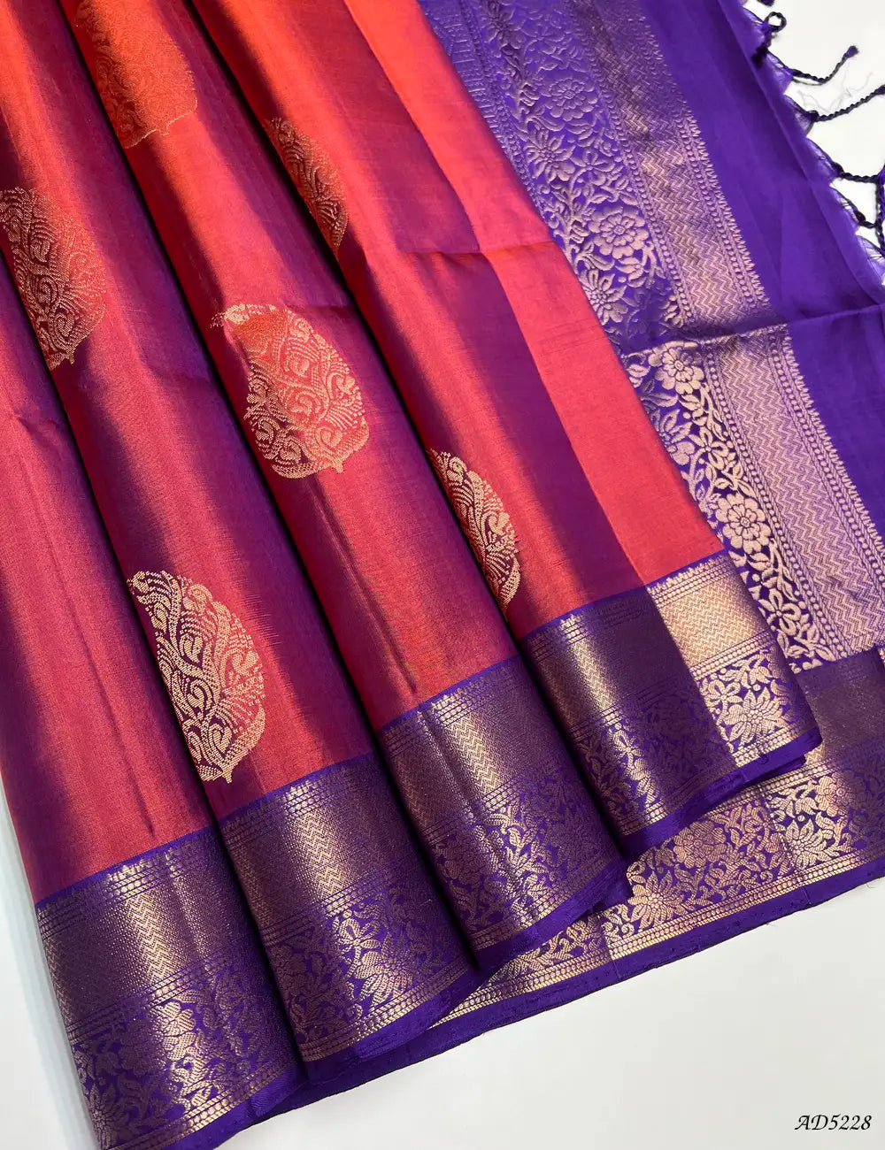Brick Red & Purple - Kanchi Border Soft Silk Saree Front View