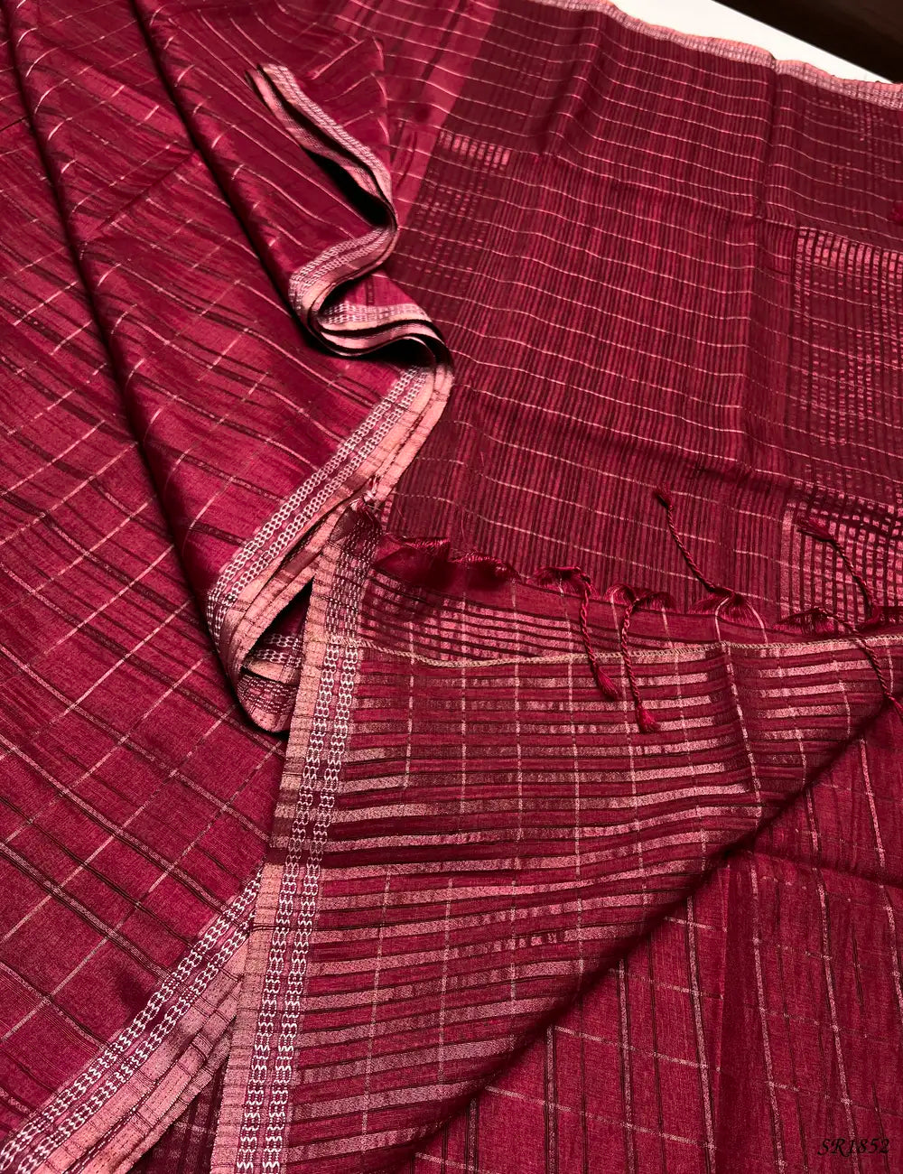 Cherry Red - Checks Tussar Silk Saree -