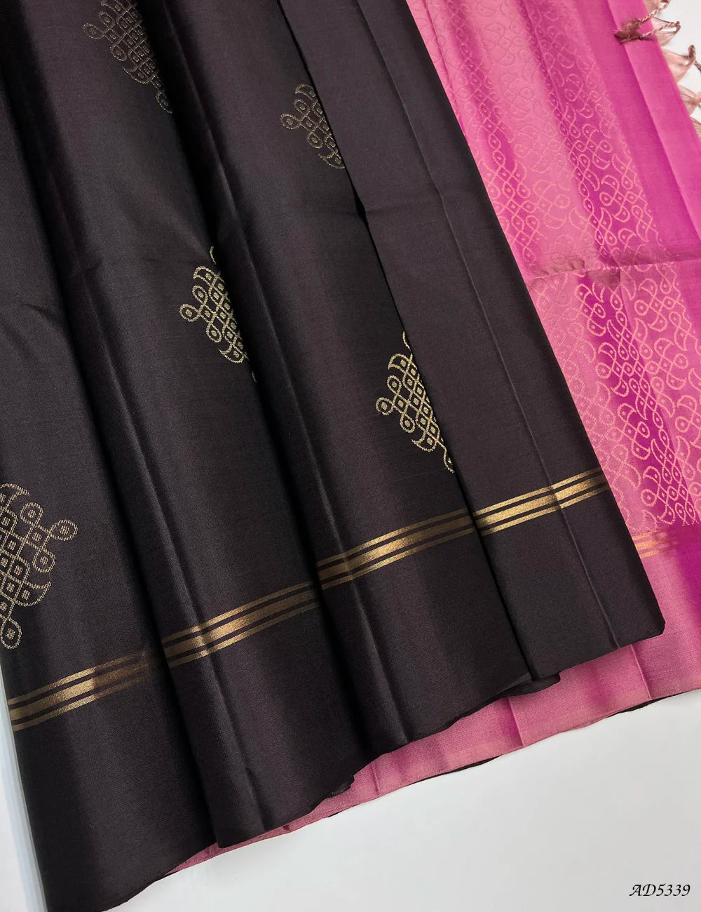 Coffee Brown & Baby Pink - Kolam Soft Silk Saree Front View