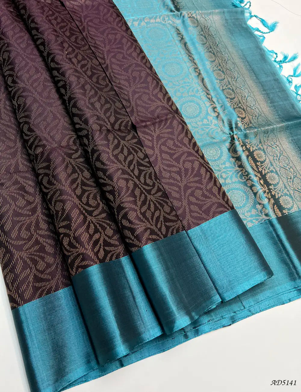 Coffee Brown & Teal - Soft Silk Bridal Saree Front View