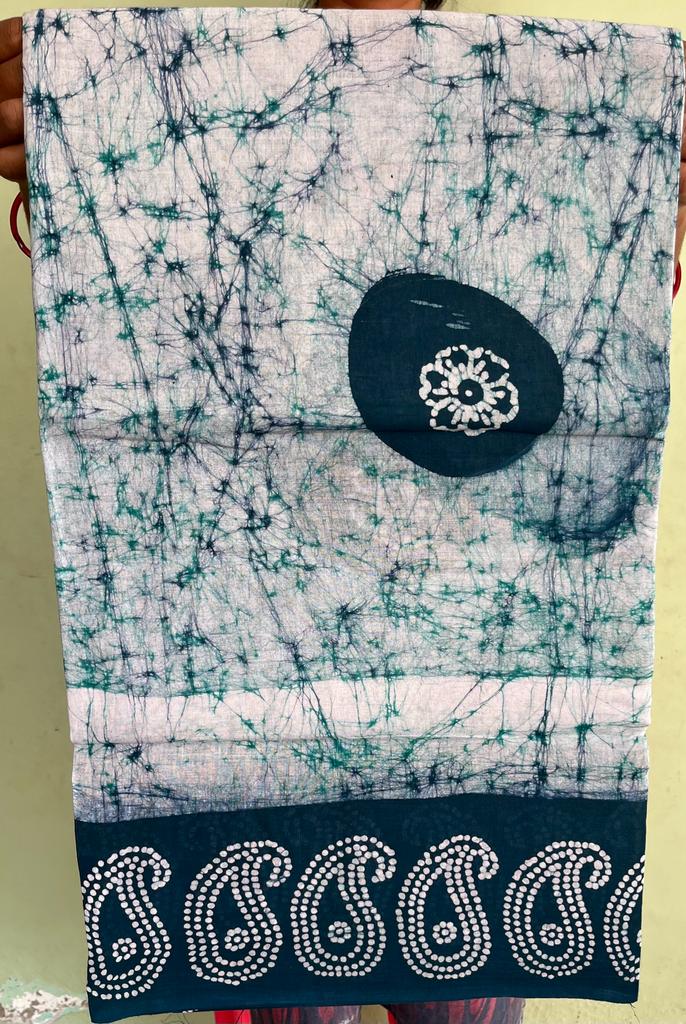 WHITE & TEAL GREEN - PURE COTTON SAREE