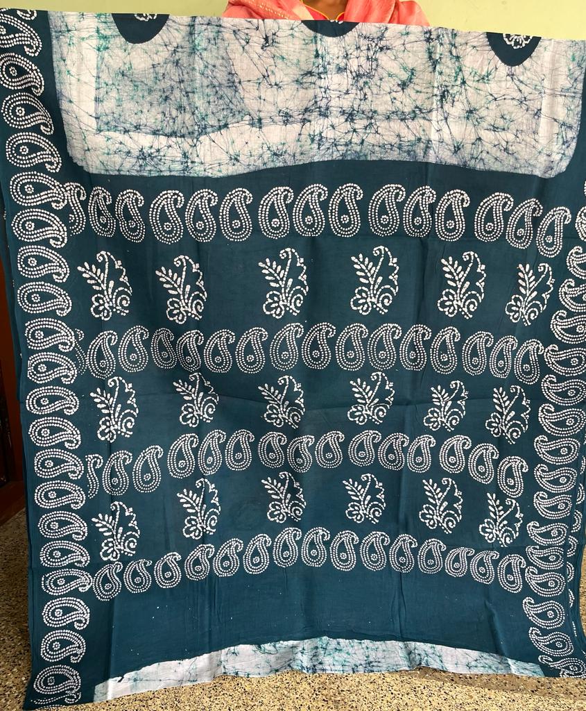 WHITE & TEAL GREEN - PURE COTTON SAREE