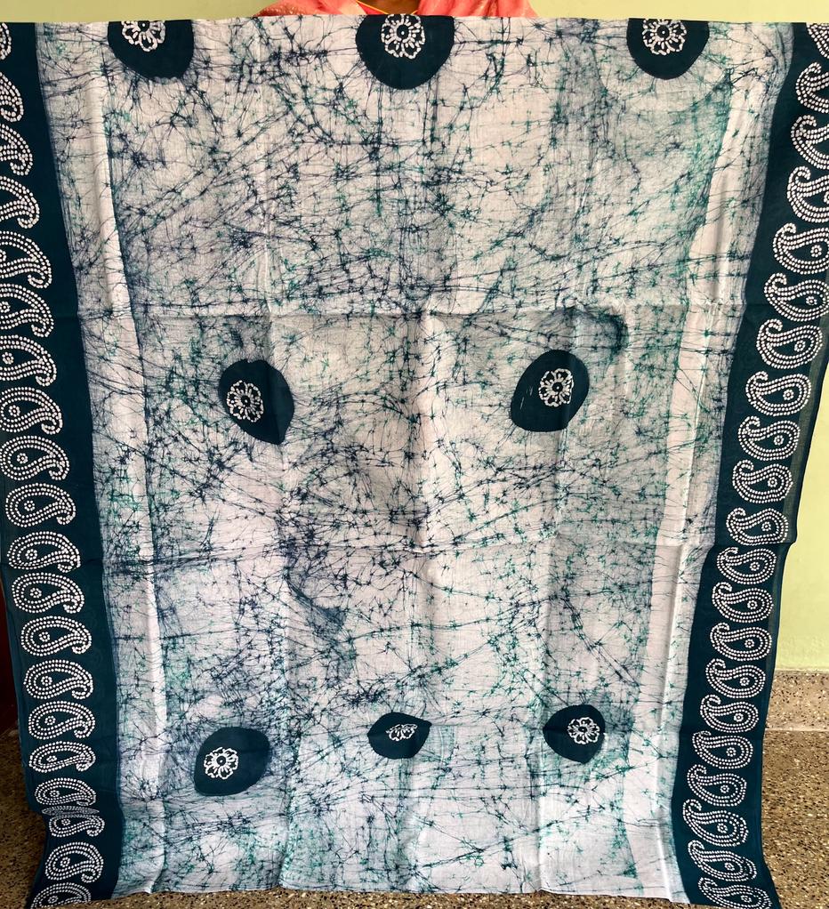 WHITE & TEAL GREEN - PURE COTTON SAREE