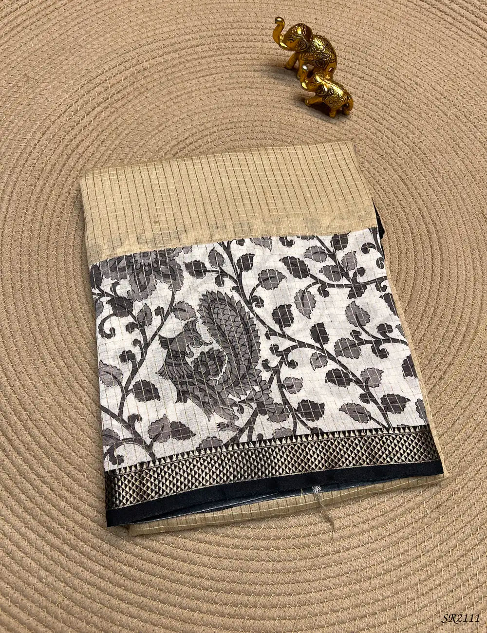 Cream & Bkack - Assam Silk Saree Front View