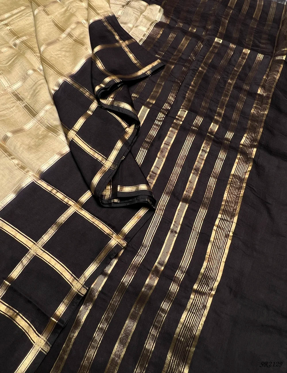 Cream & Black - Assam Silk Saree -