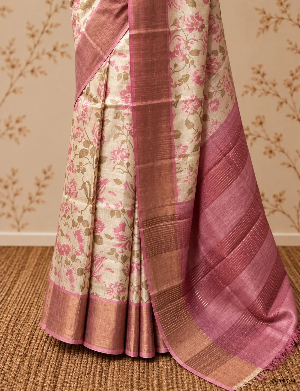 Cream & Pink - Pure Desi Tussar Saree -