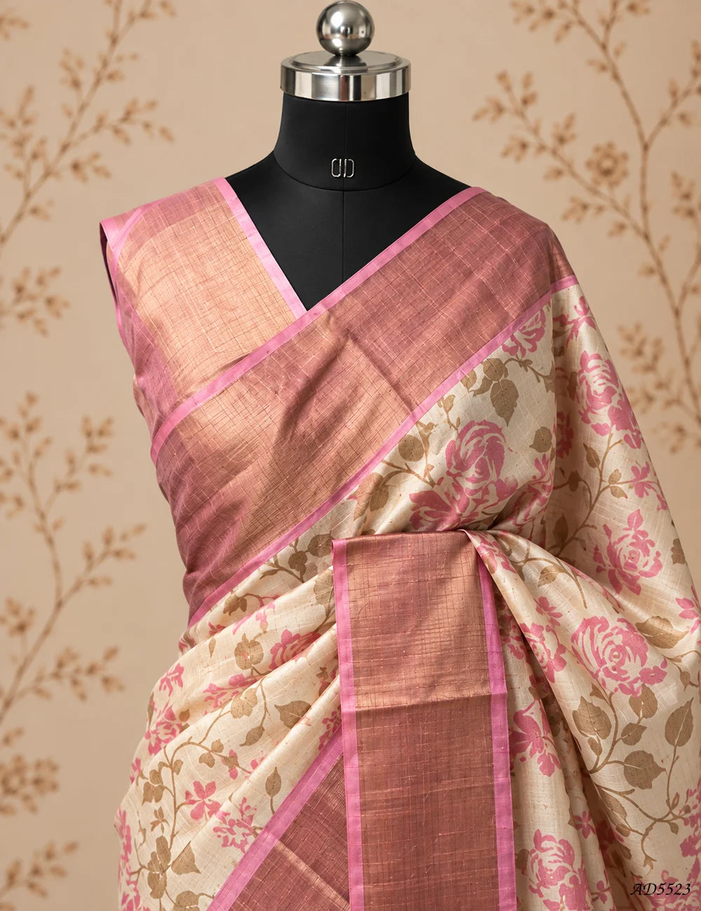 Cream & Pink - Pure Desi Tussar Saree Front View