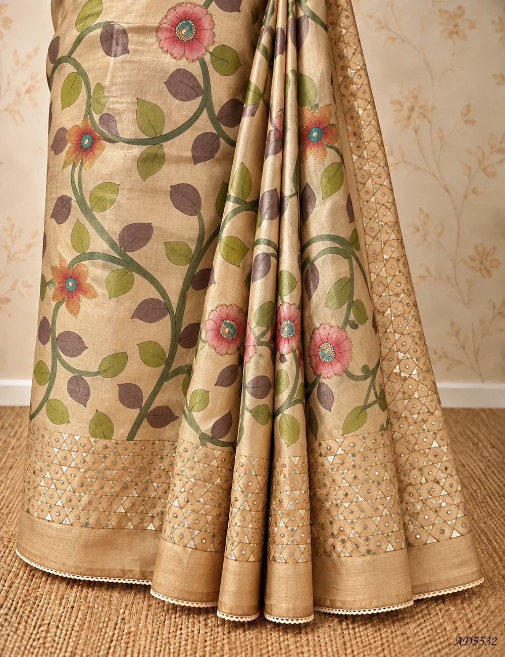Cream - Pure Tussar With Fancy Cutwork Saree Front View