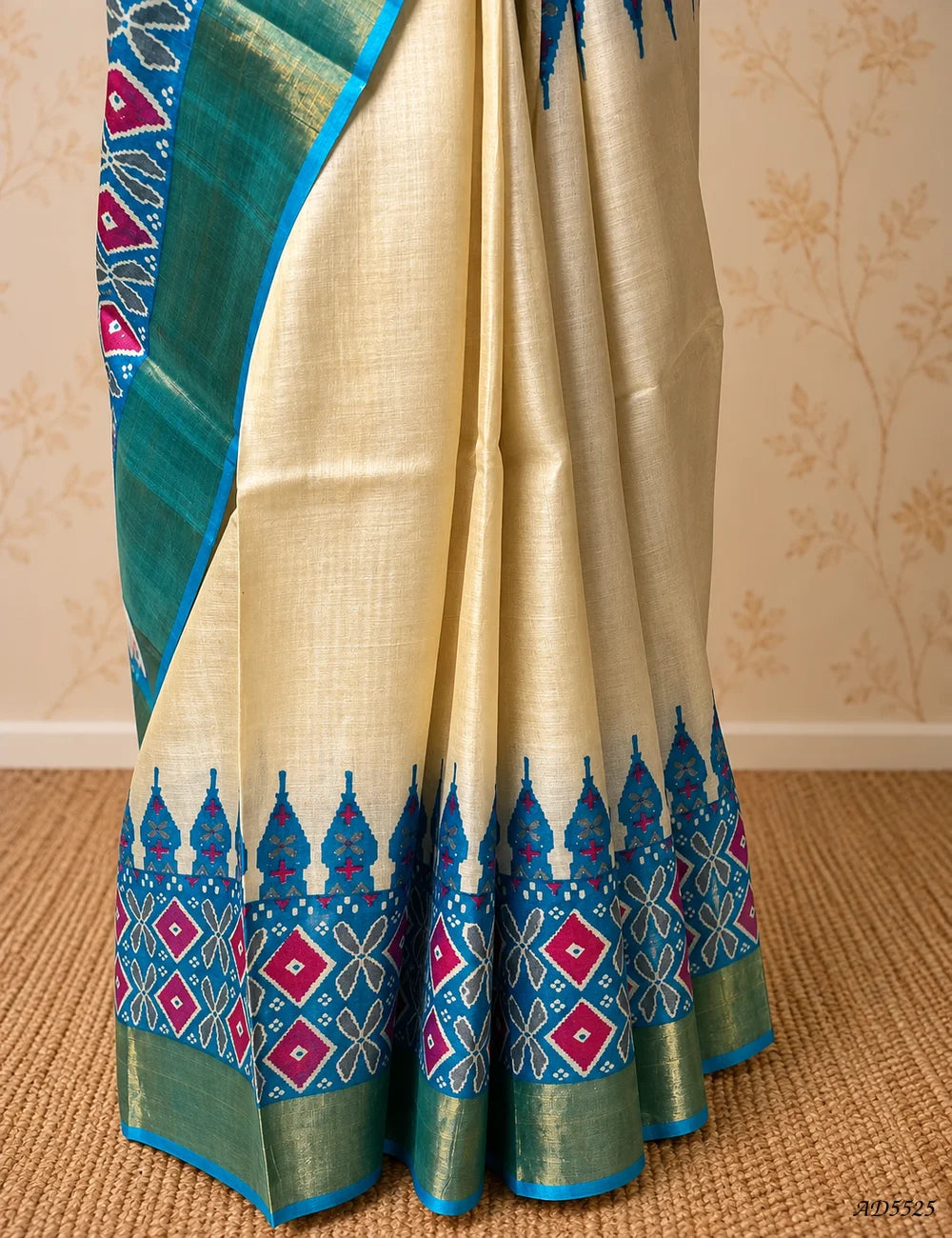 Cream & Sky Blue - Pure Desi Tussar Saree -