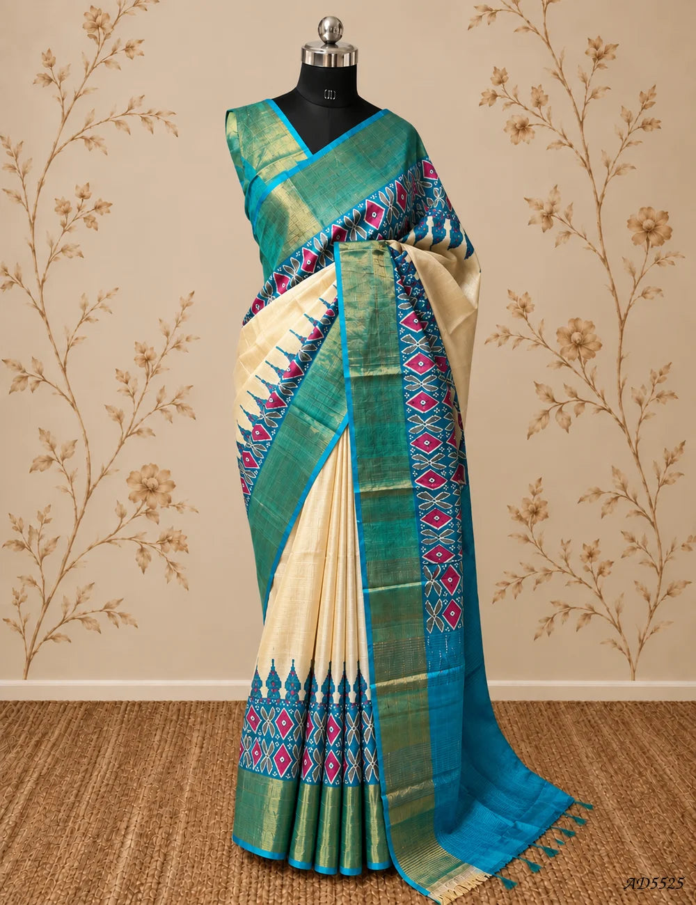 Cream & Sky Blue - Pure Desi Tussar Saree Front View