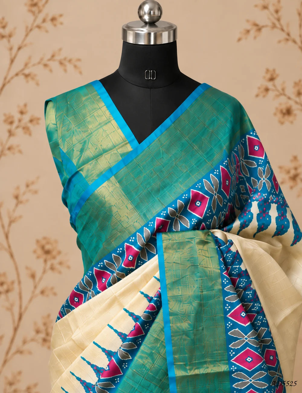 Cream & Sky Blue - Pure Desi Tussar Saree Pallu View