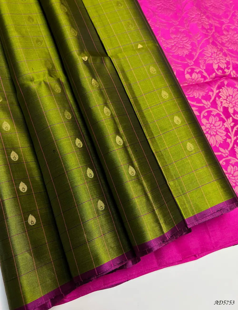 Crocodile Green & Pink - Checkerd Soft Silk Saree Front View