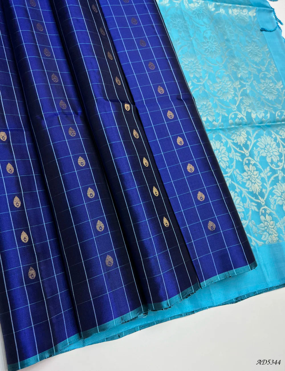 Dark Blue & Ice Blue -  Checkered Soft Silk Saree Front View