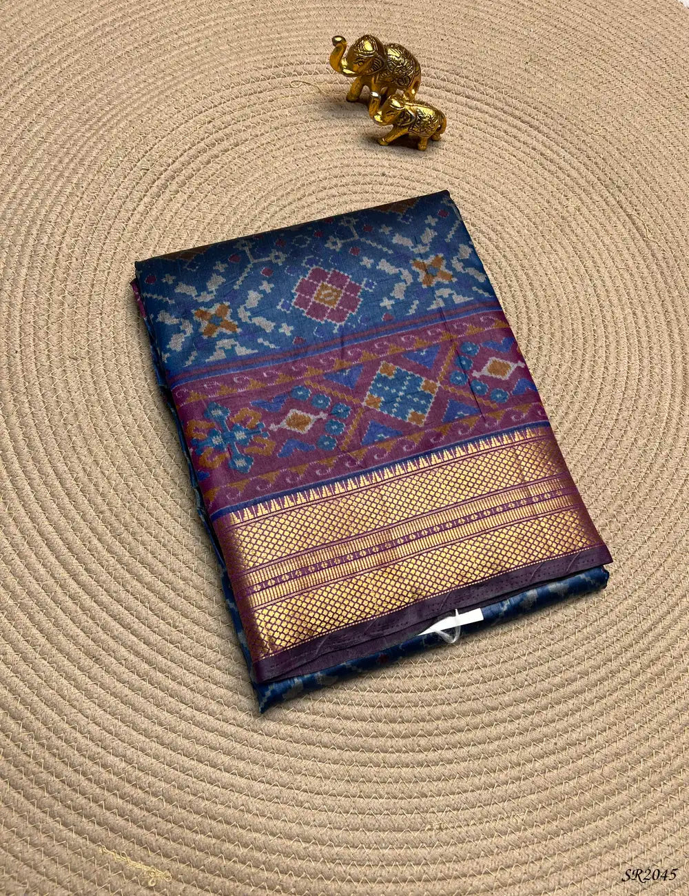 Dark Blue - Semi Patola Saree Front View