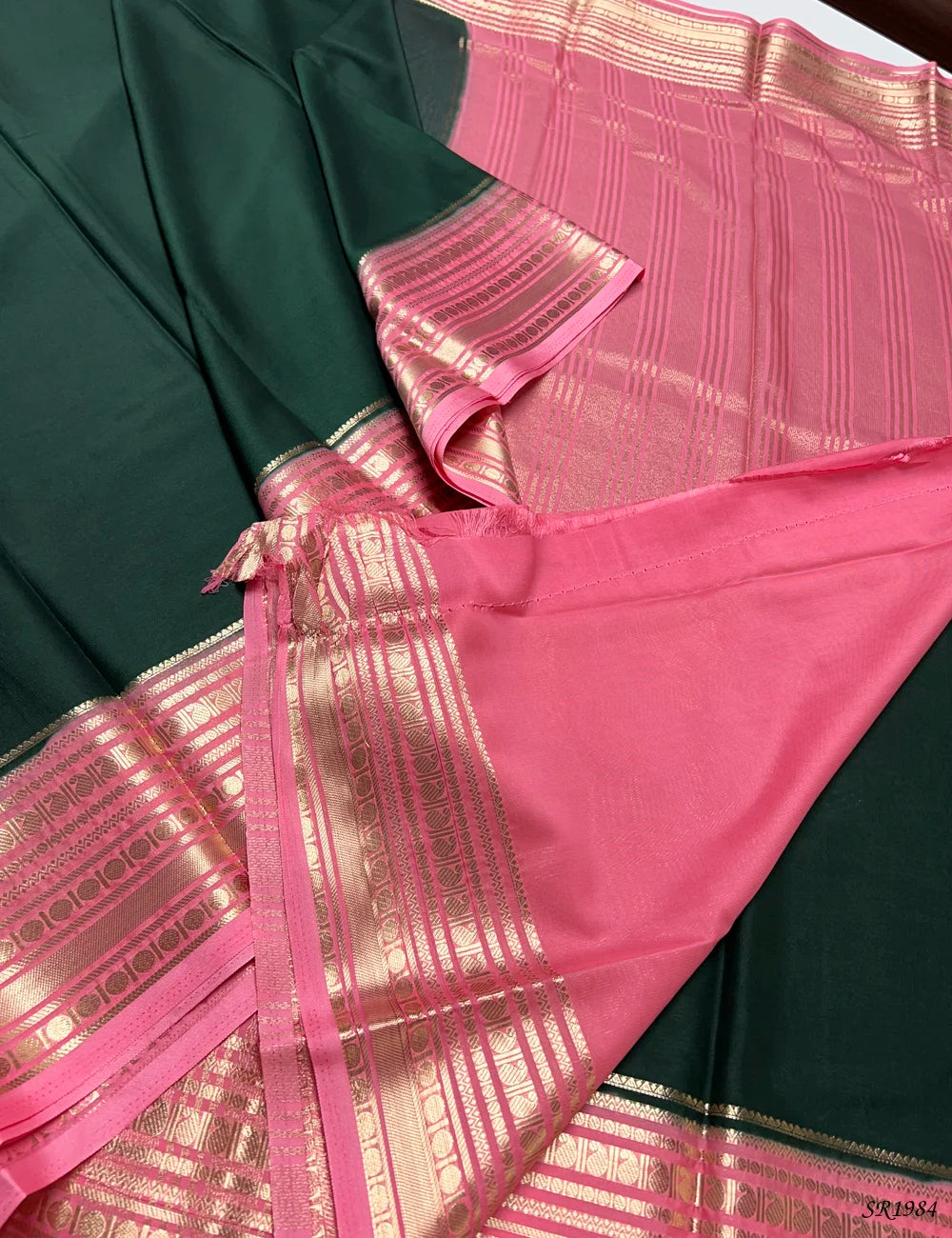 Dark Green & Pink - Mysore Crepe Saree -