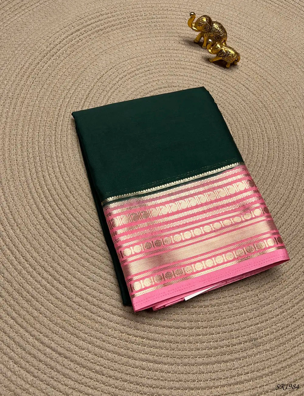 Dark Green & Pink - Mysore Crepe Saree Front View