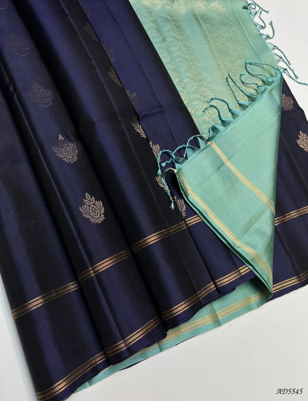 Dark Ink Blue & Mint Green - Soft Silk Saree Pallu View