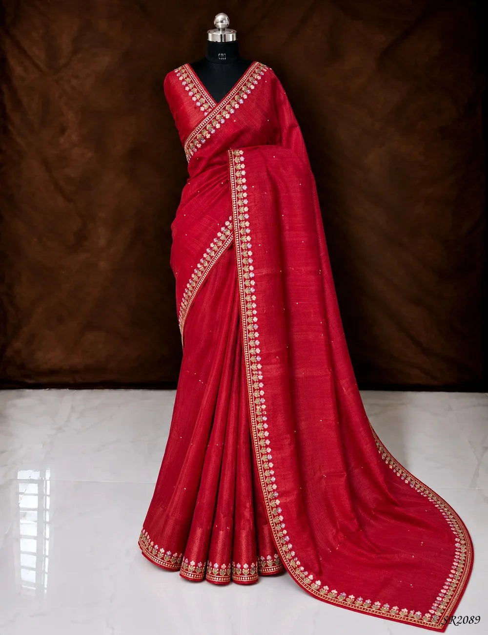 Dark Red - Matka Tussar Saree Front View