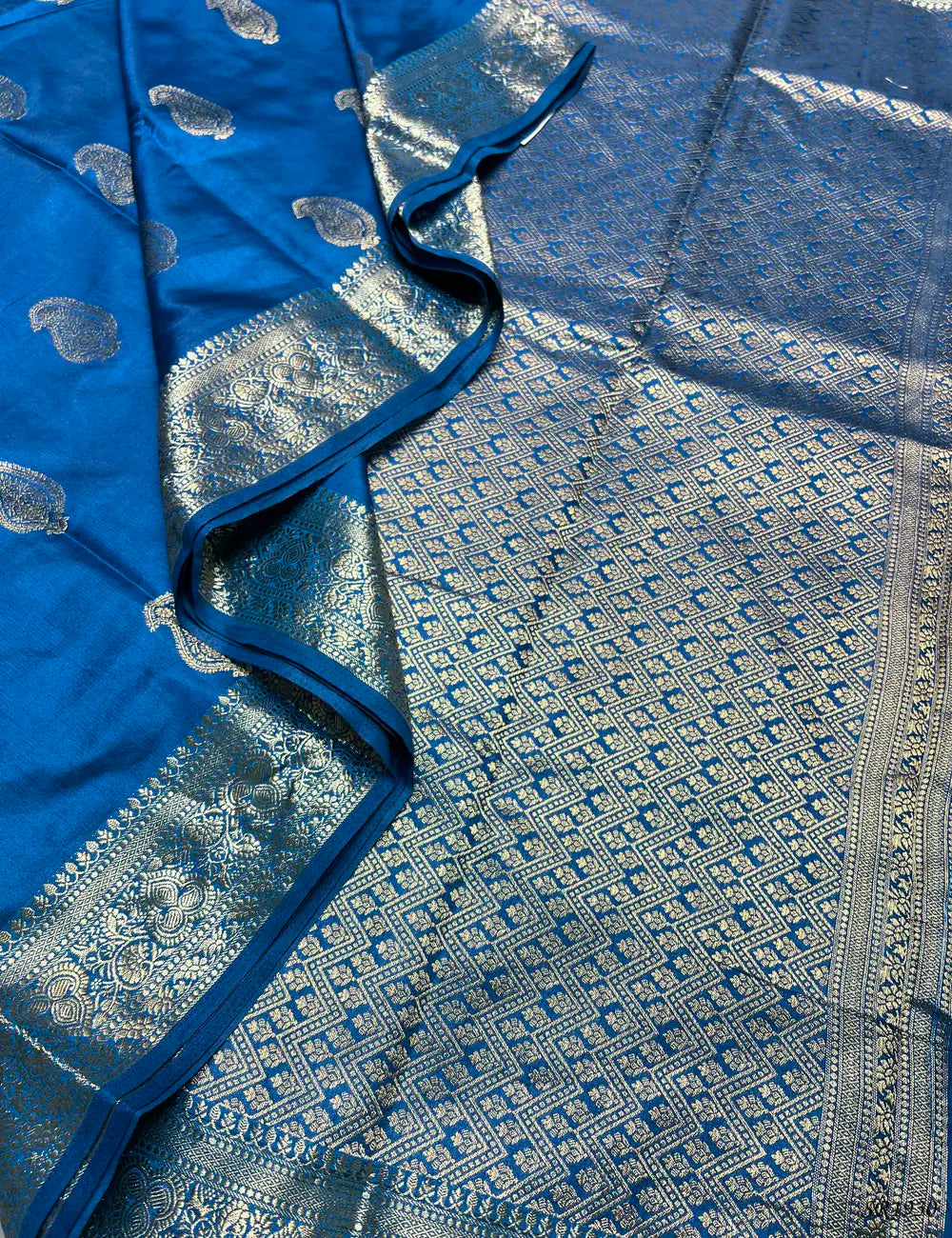 Dark Sulphate Blue - Semi Banaras Saree Pallu View