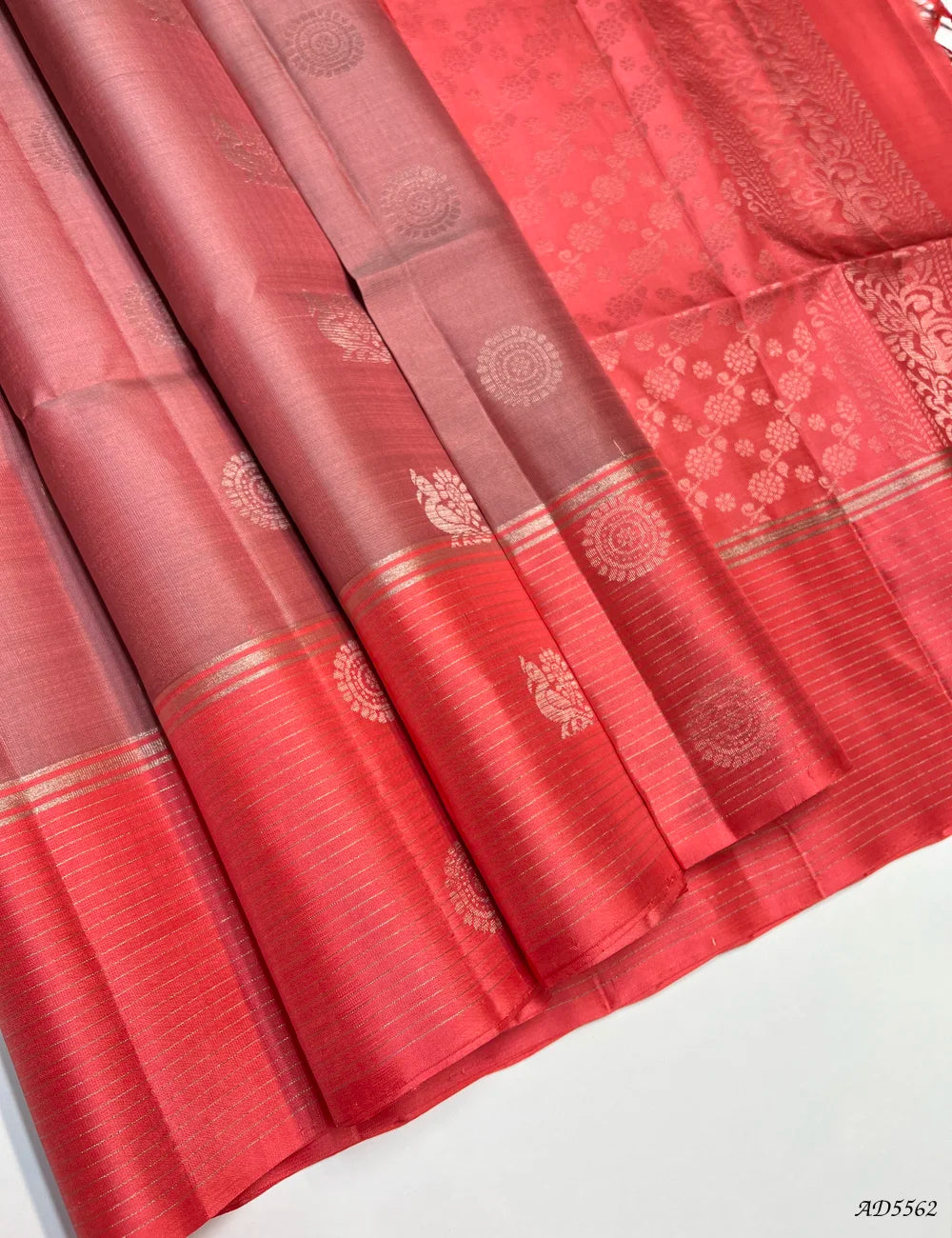 Dusty Pink & Coral Pink - Soft Silk Saree Front View