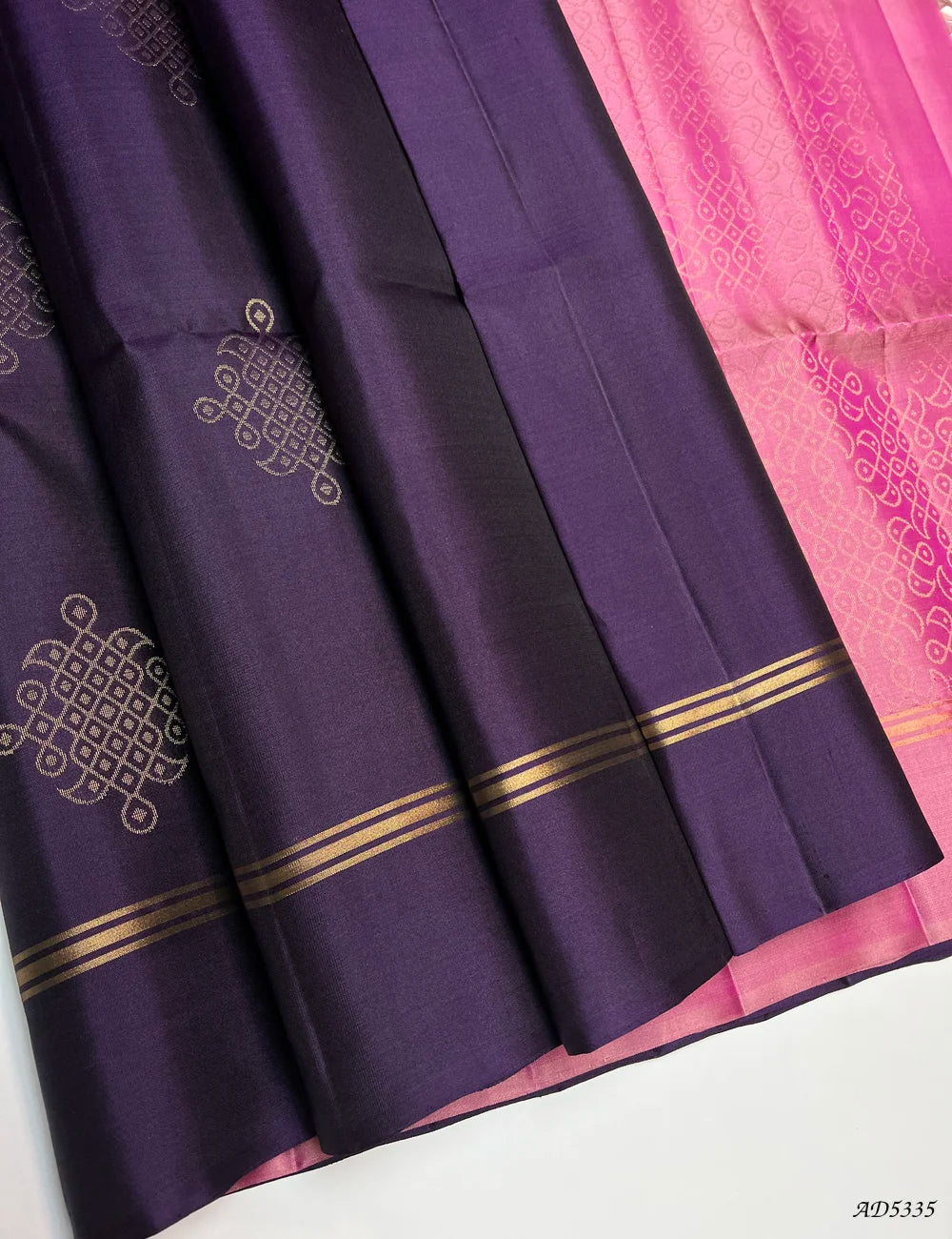 Eggplant & Baby Pink - Kolam Soft Silk Saree Front View