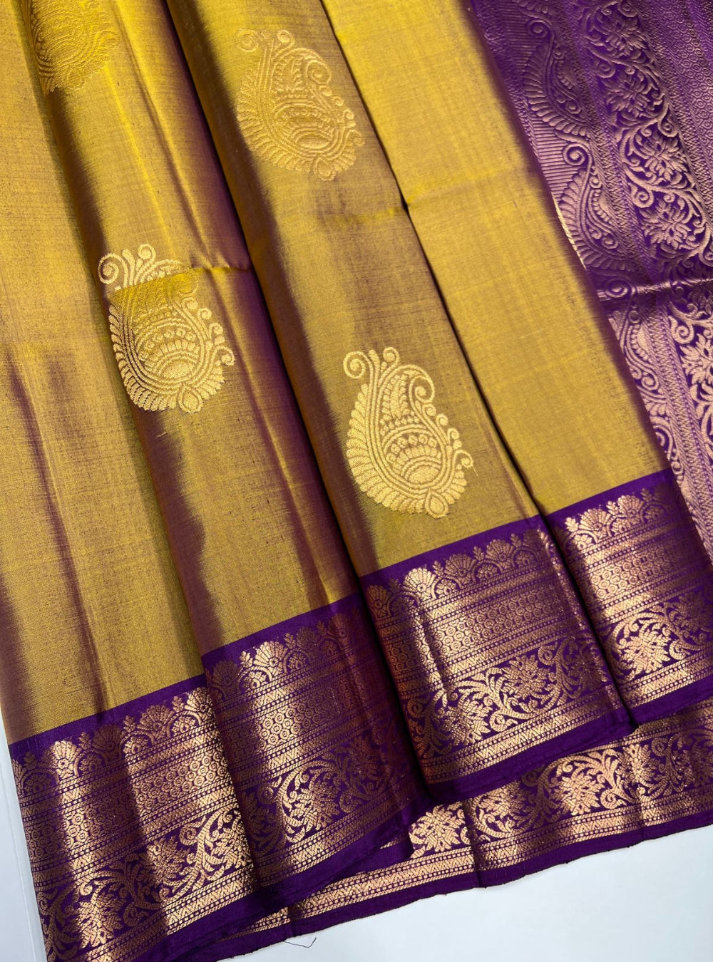 Soft Silk Saree in Fenugreek body with Purple pallu, Jacquard border design, Half Fine Gold Zari, Ikat handwoven motifs, 6.25m length including blouse.