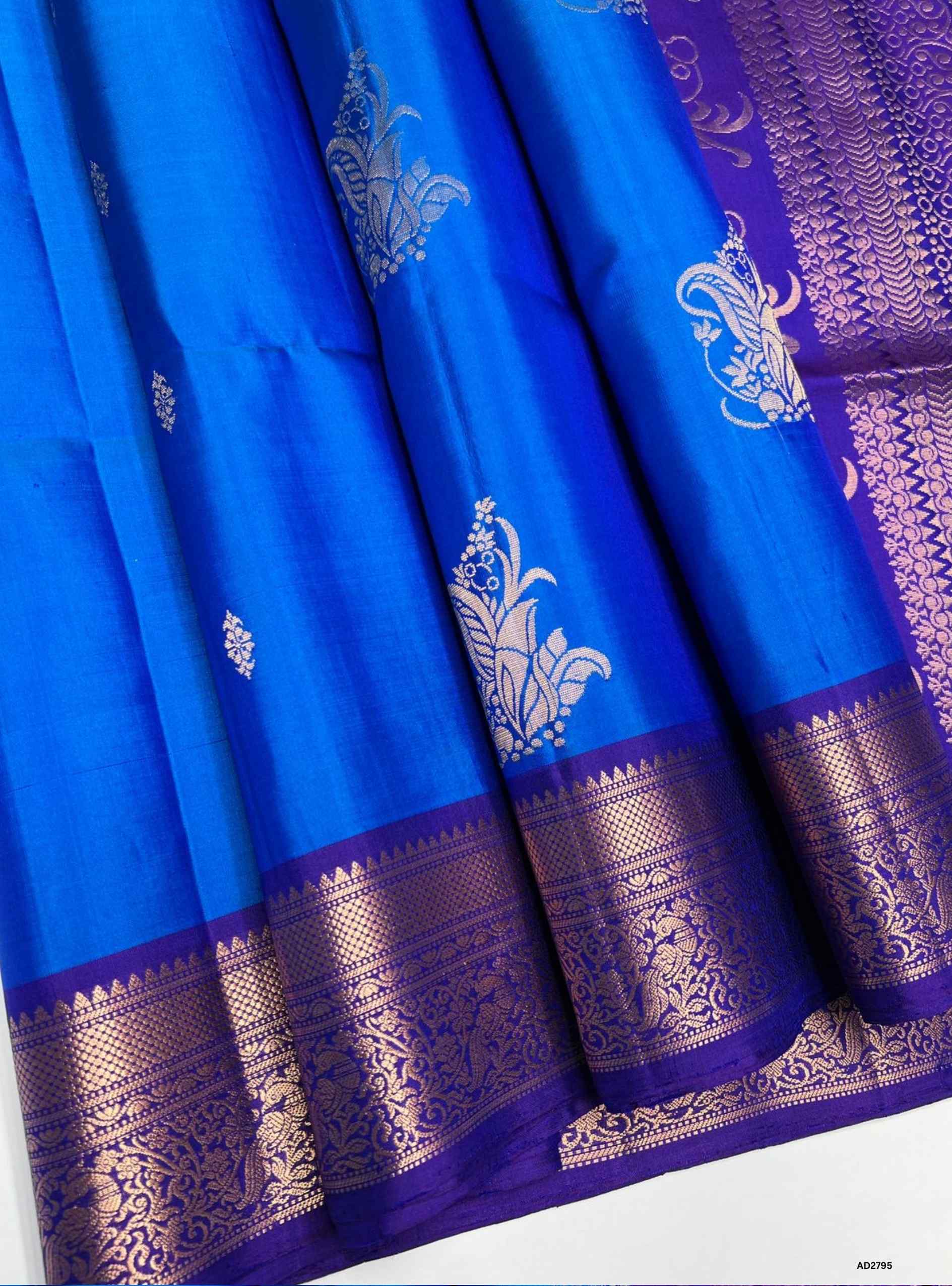 Soft Silk Saree in Fountain Blue body with Violet pallu, Jacquard border design, Half Fine Gold Zari, Ikat handwoven motifs, 6.25m length including blouse.