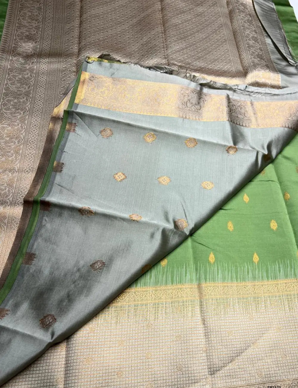 Apple Green & Cream - Semi Silk Saree