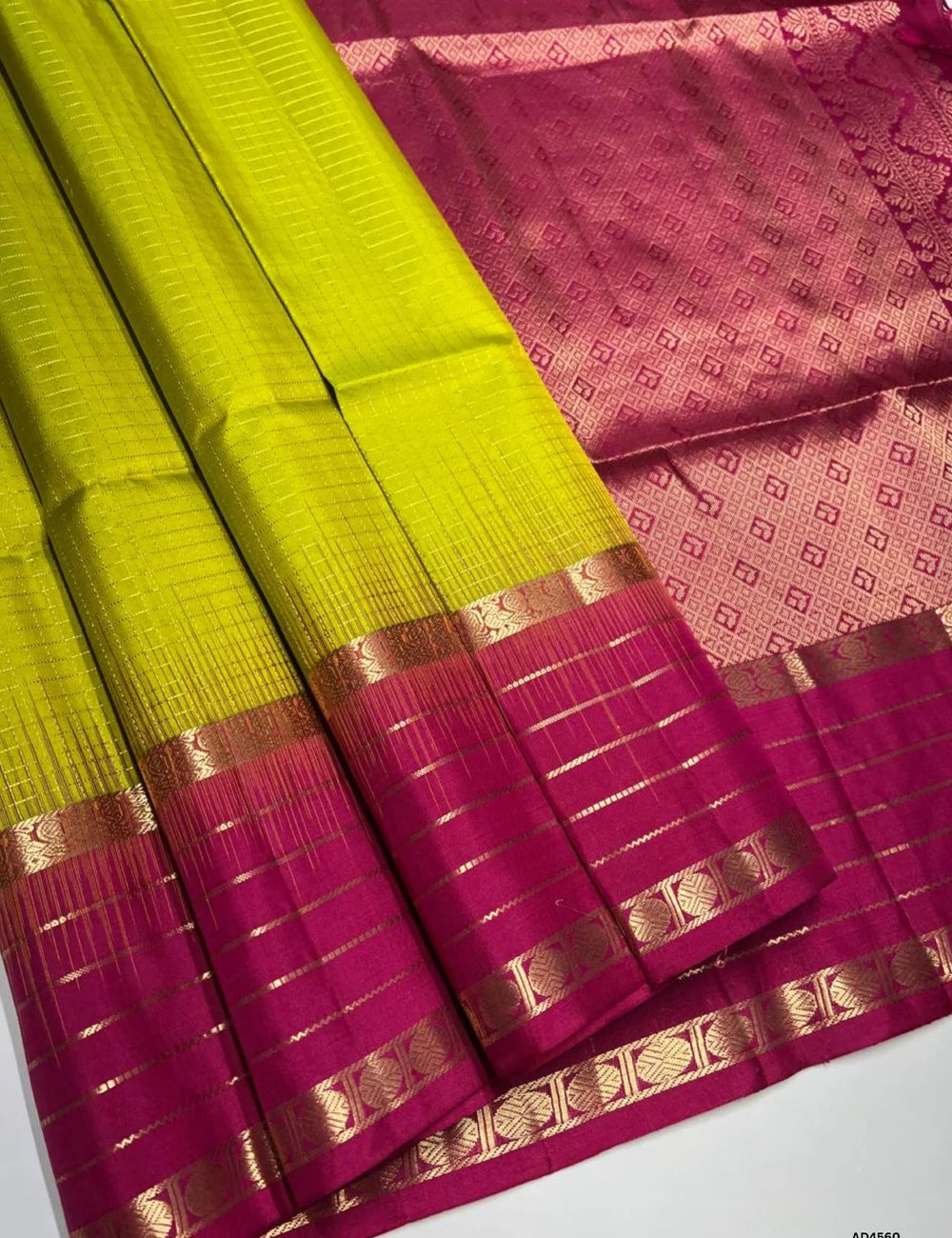 Lime Green & Rani Pink - Checkerd Retta Pet Border Saree